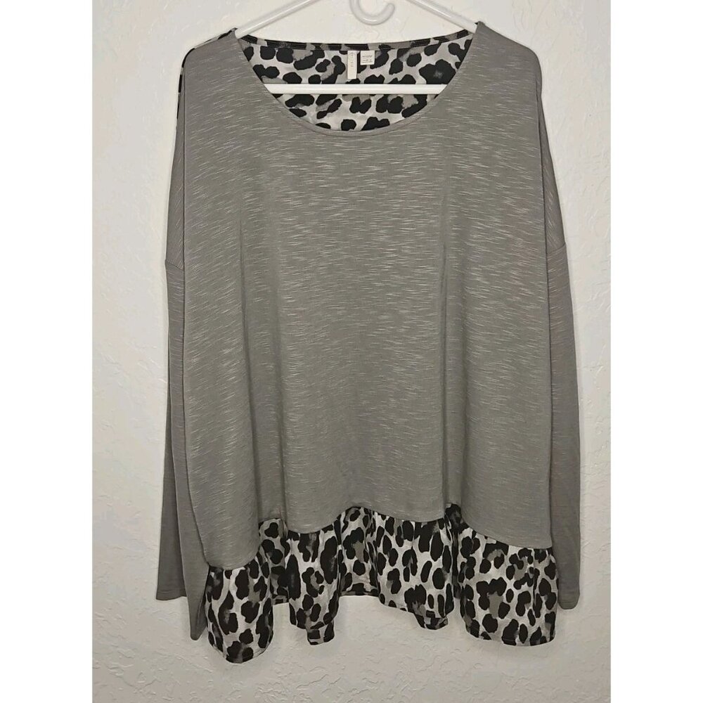 Womens Sz 26/28W Gray Leopard Print Long Sleeve Blouse Ruffle Mob Wife Soft